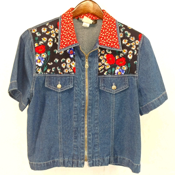 SOLD ✨80s/90s Vintage Denim Floral Zip Front Top - Picture 1 of 4